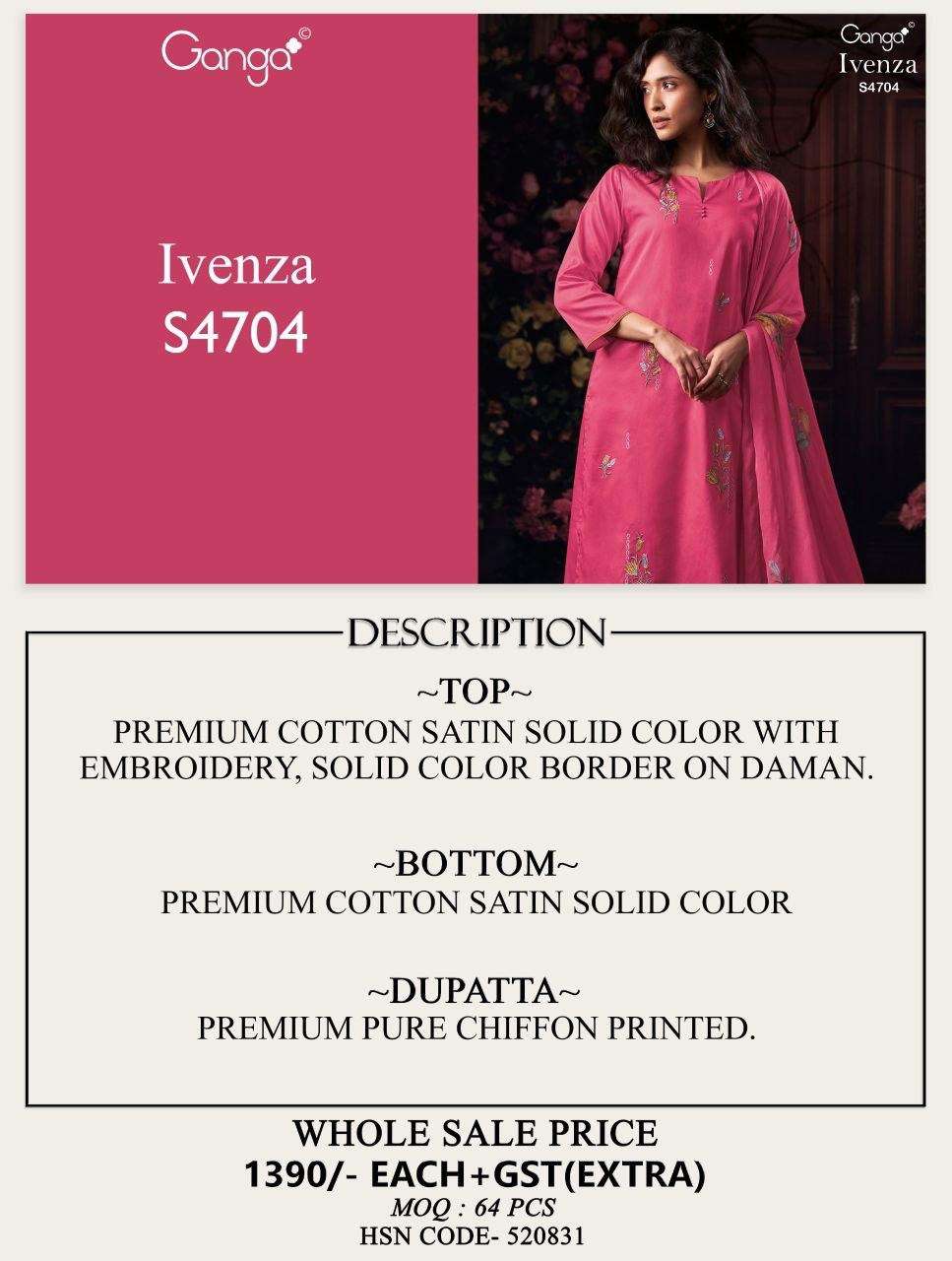 Ganga Fashion Ivenza 4704 Cotton Satin Dress Material Wholesale - Amrah Wholesale