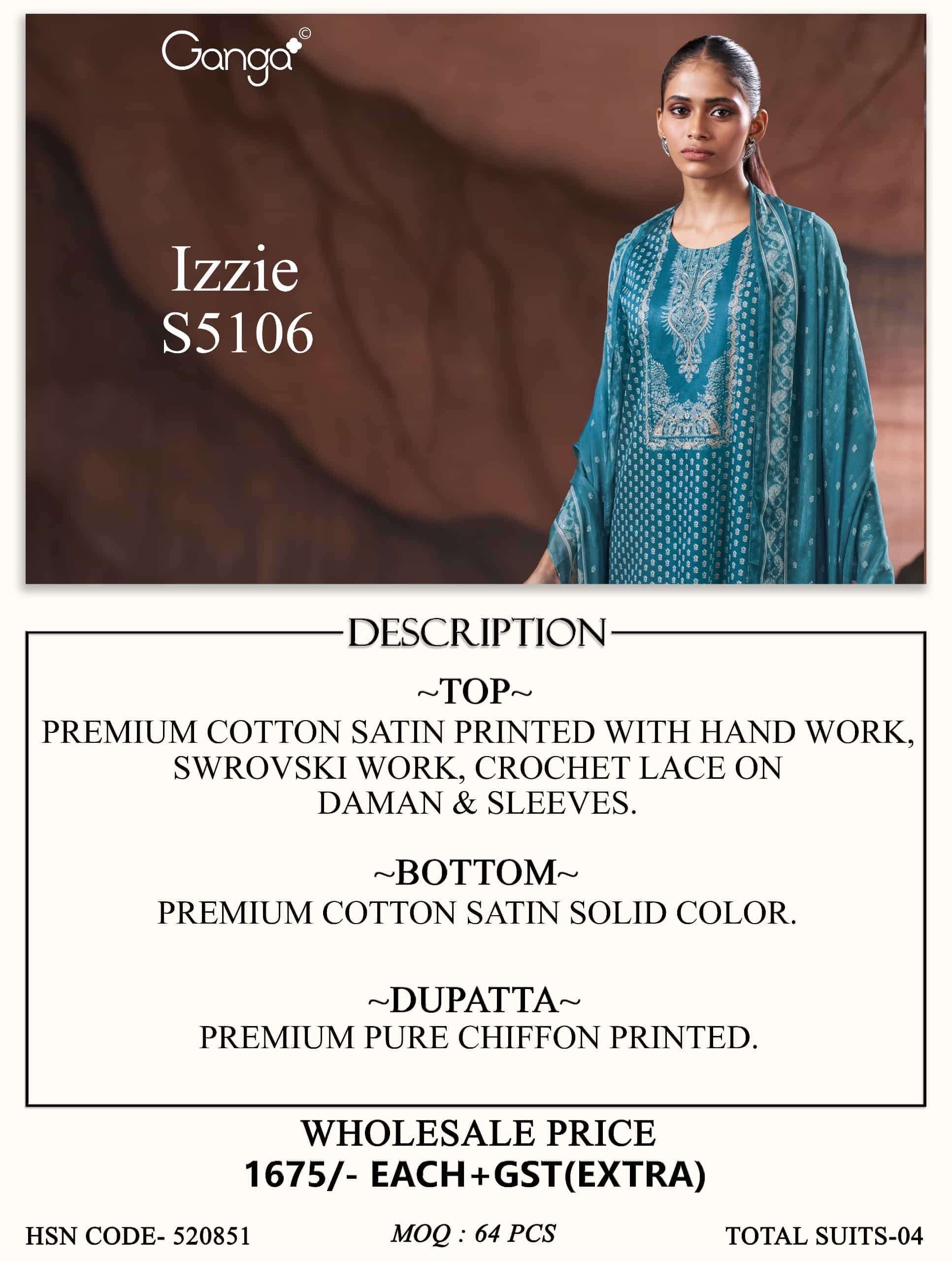 Ganga Fashion Izzie 5106 Premium Cotton Satin Handwork Dress