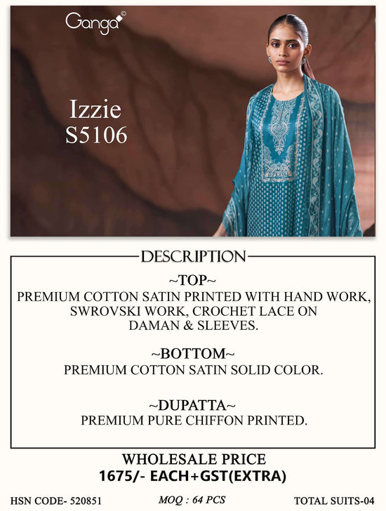 Ganga Fashion Izzie 5106 Premium Cotton Satin Handwork Dress