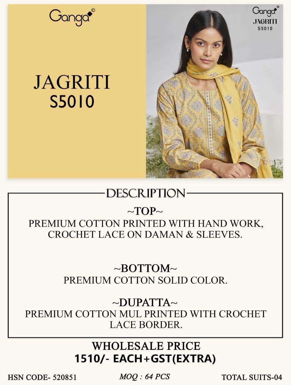 Ganga Fashion Jagriti 5010 Premium Cotton Printed Dress Material - Amrah Wholesale
