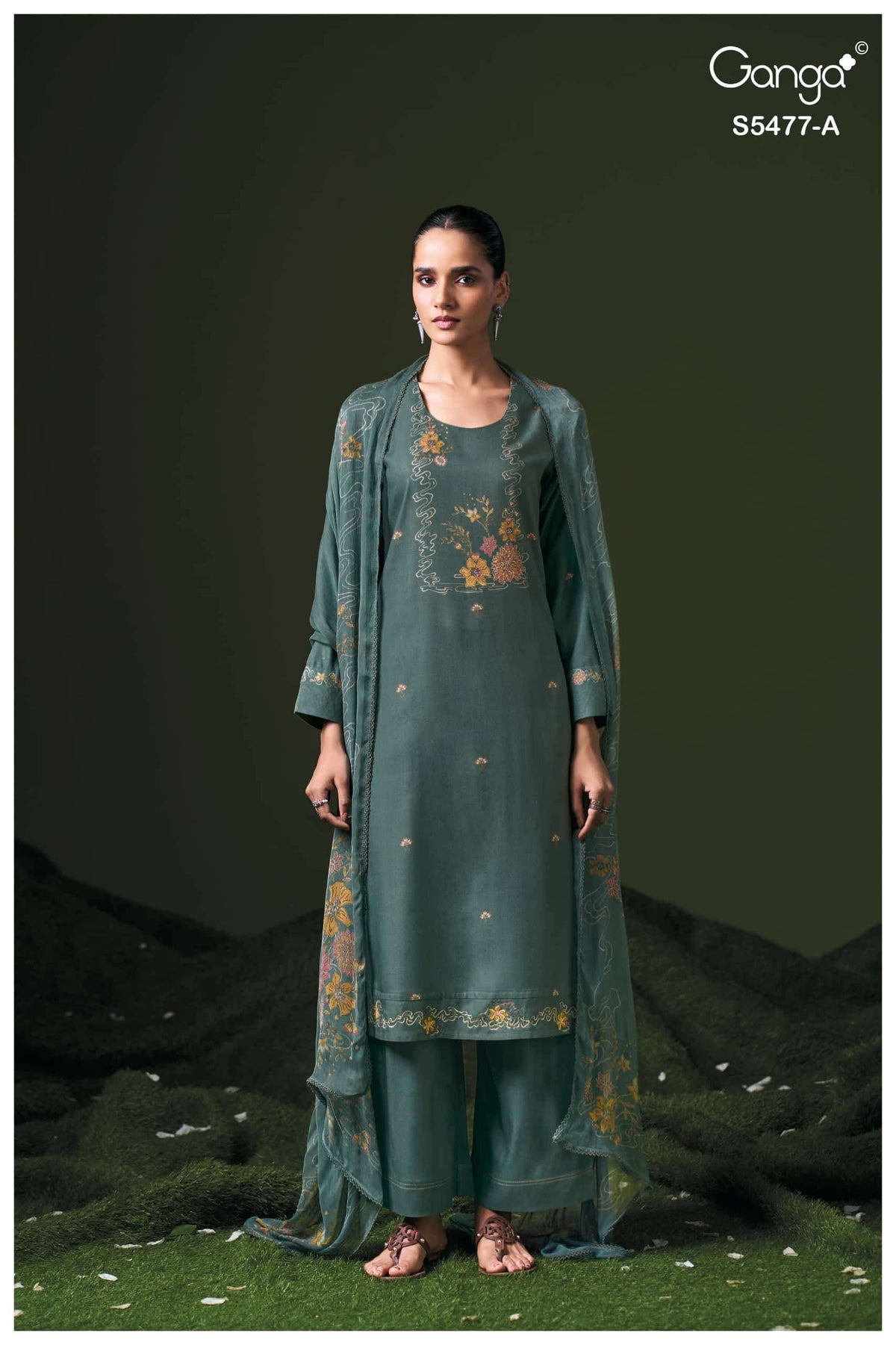 Ganga Fashion Janine Pure Wool Pashmina Printed Swarovski Work Unstitched Dress Material