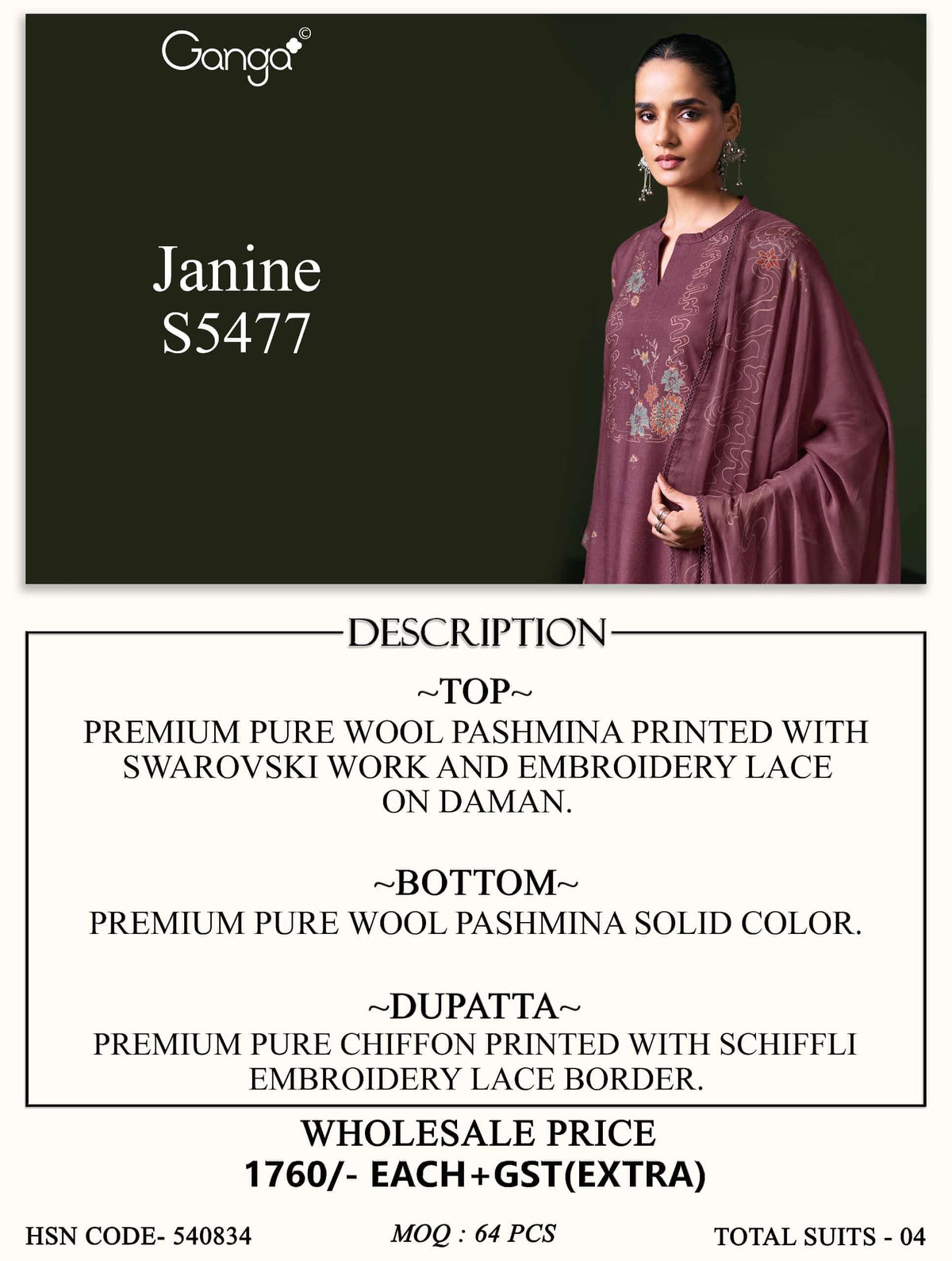 Ganga Fashion Janine Pure Wool Pashmina Printed Swarovski Work Unstitched Dress Material