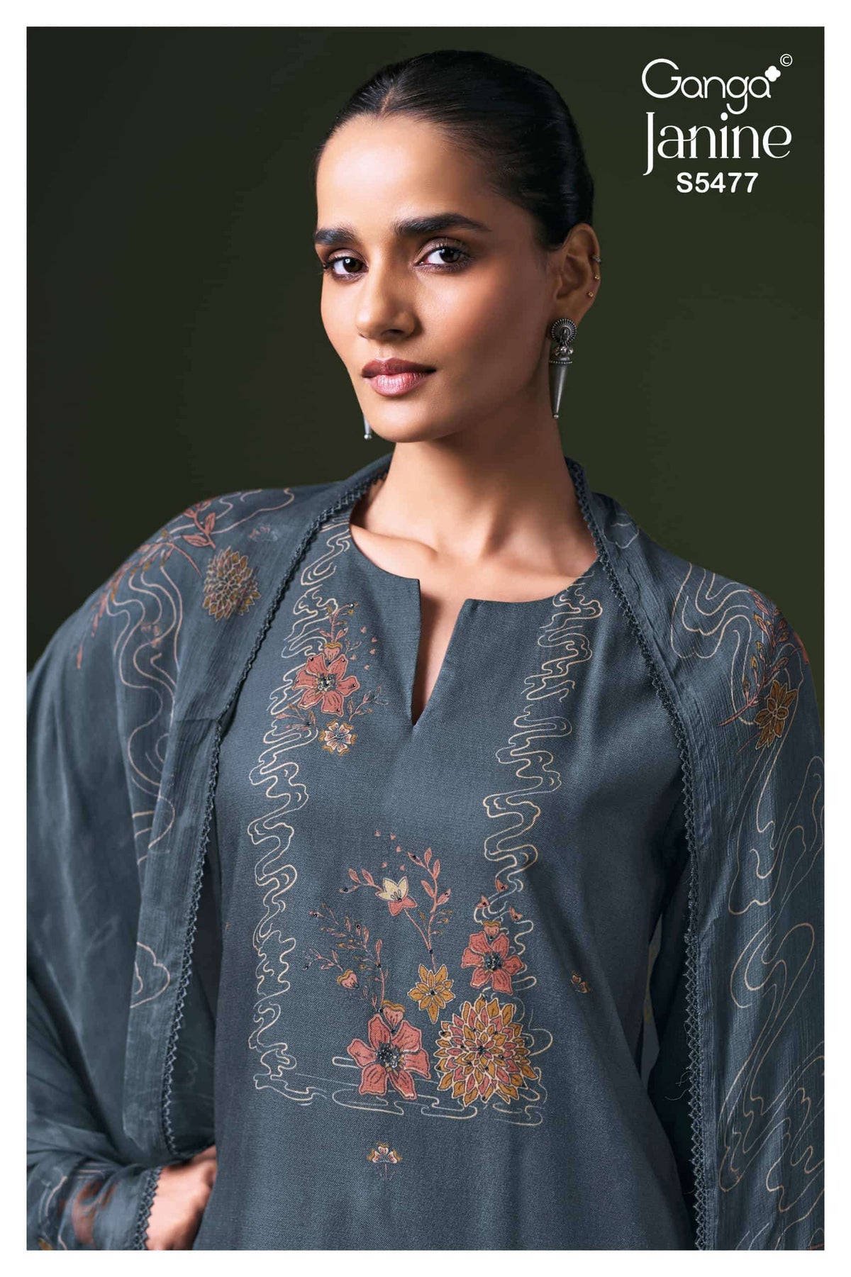 Ganga Fashion Janine Pure Wool Pashmina Printed Swarovski Work Unstitched Dress Material