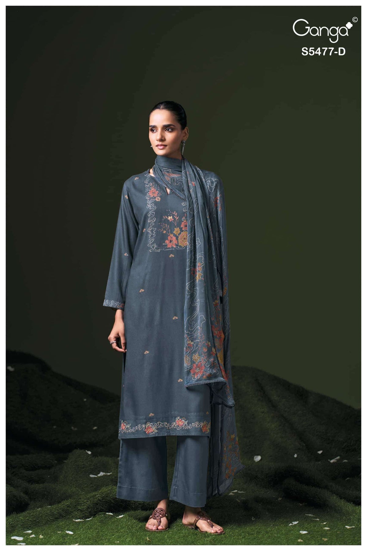 Ganga Fashion Janine Pure Wool Pashmina Printed Swarovski Work Unstitched Dress Material