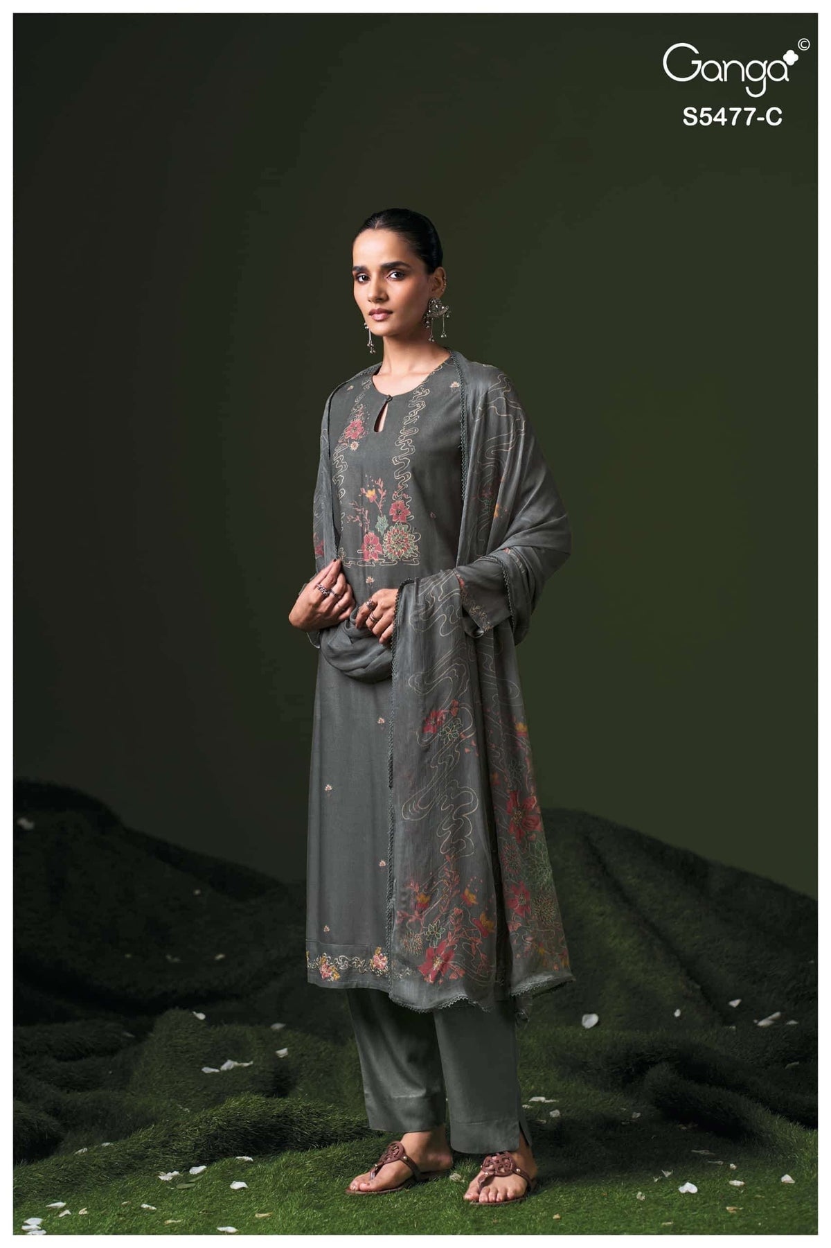 Ganga Fashion Janine Pure Wool Pashmina Printed Swarovski Work Unstitched Dress Material
