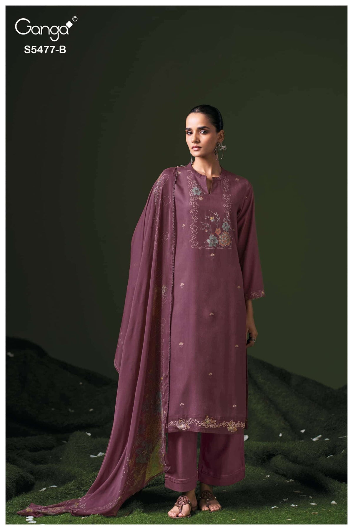 Ganga Fashion Janine Pure Wool Pashmina Printed Swarovski Work Unstitched Dress Material