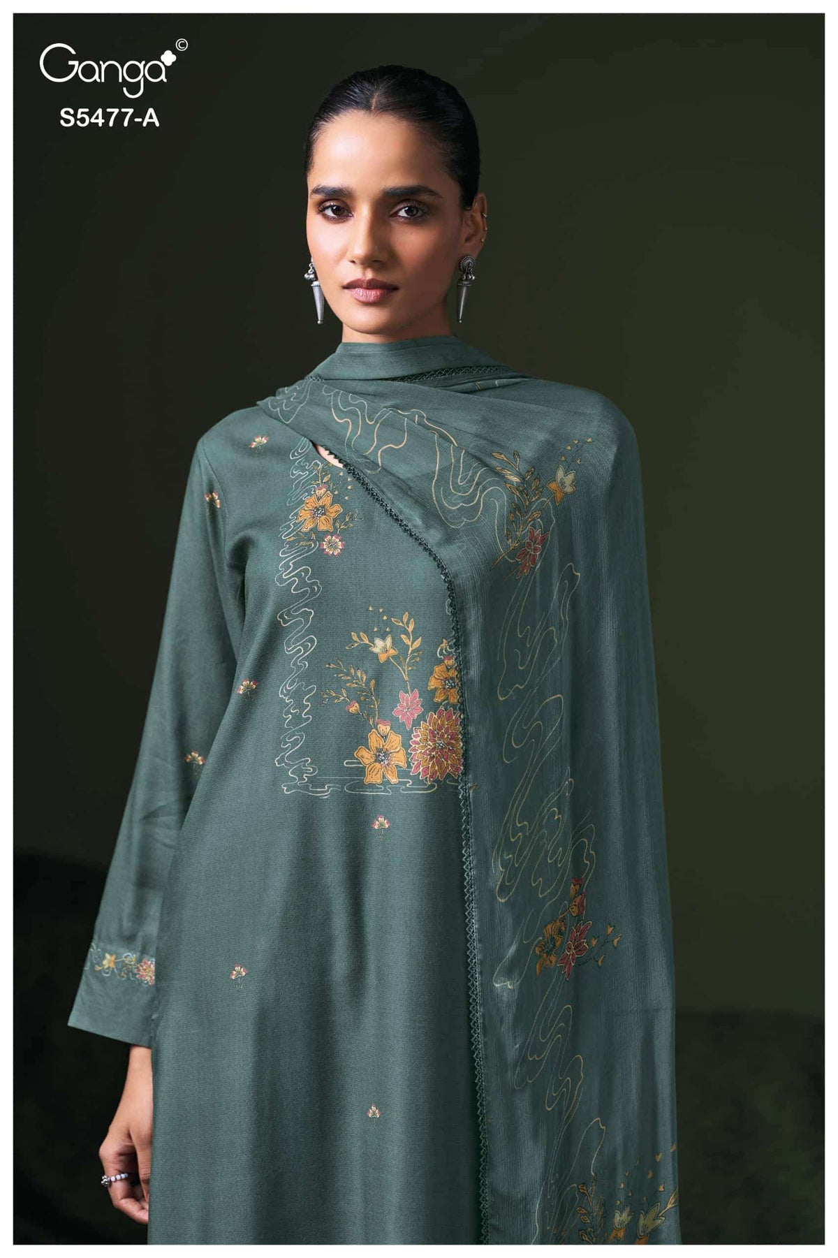 Ganga Fashion Janine Pure Wool Pashmina Printed Swarovski Work Unstitched Dress Material