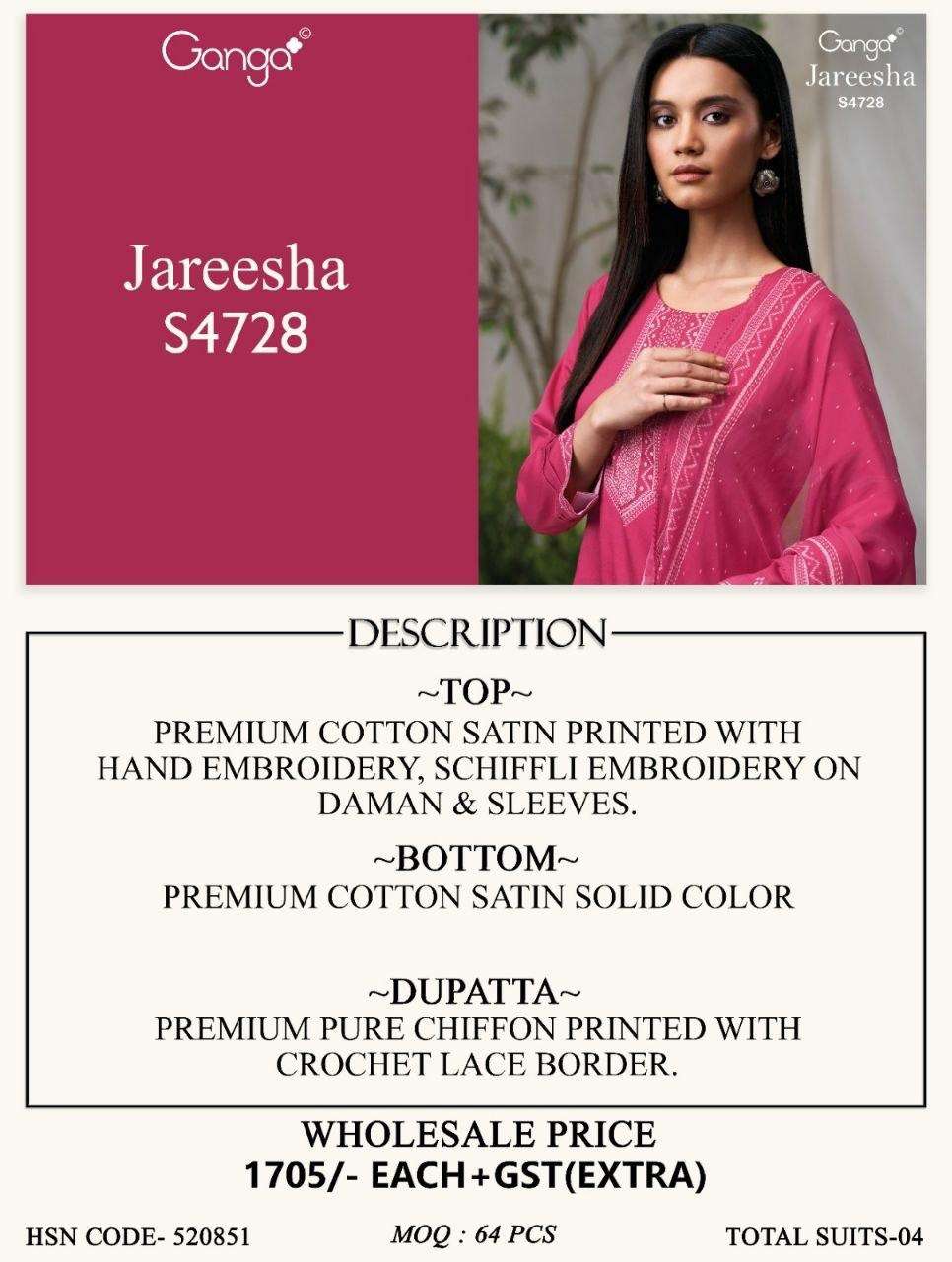 Ganga Fashion Jareesha 4728 Premium Cotton Satin Embroidered Dress Material