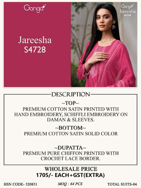 Ganga Fashion Jareesha 4728 Premium Cotton Satin Embroidered Dress Material