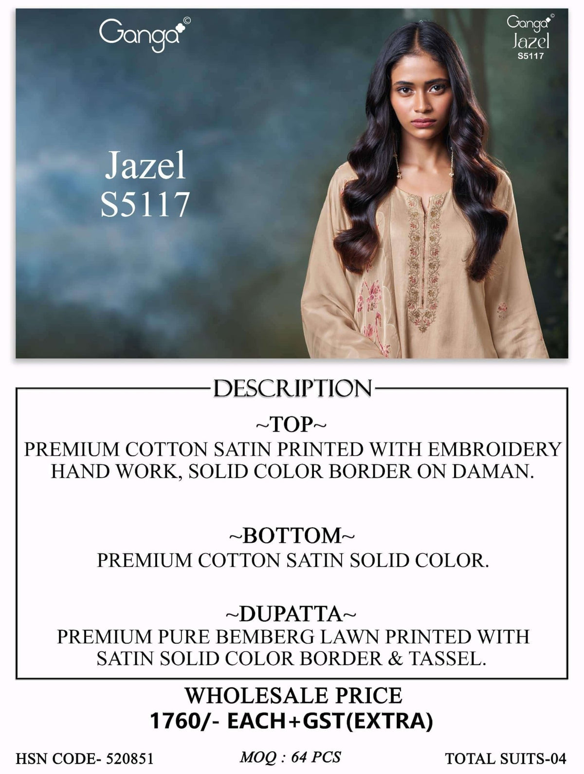 Ganga Fashion Jazel 5117 Premium Cotton Satin Dress Material - Amrah Wholesale