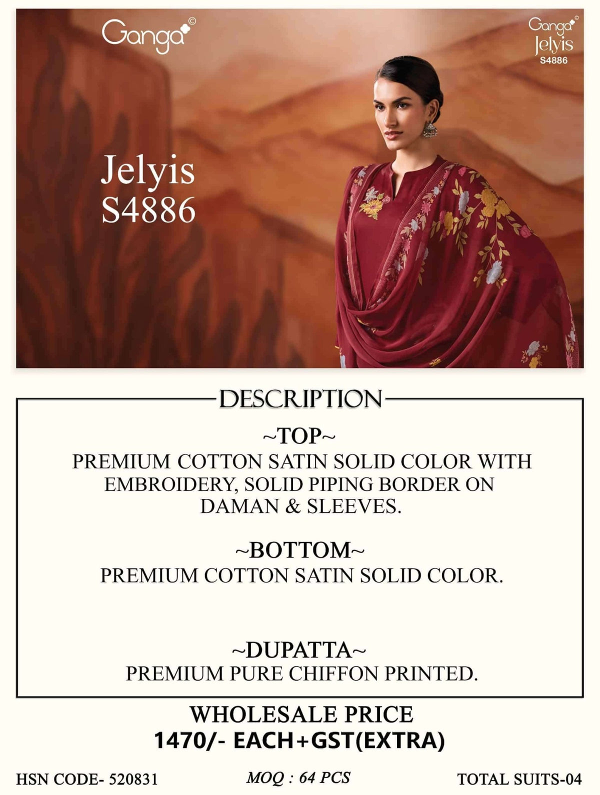 Ganga Fashion Jelyis 4886 Cotton Satin Dress Material - Amrah Wholesale