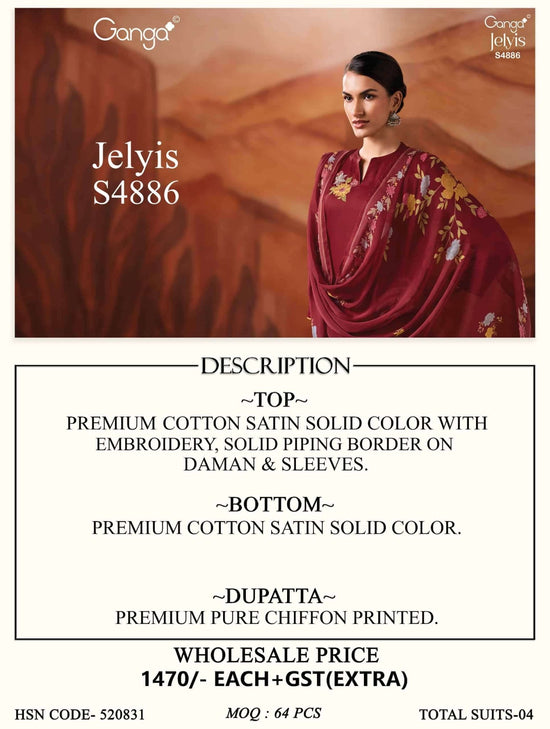 Ganga Fashion Jelyis 4886 Cotton Satin Dress Material - Amrah Wholesale