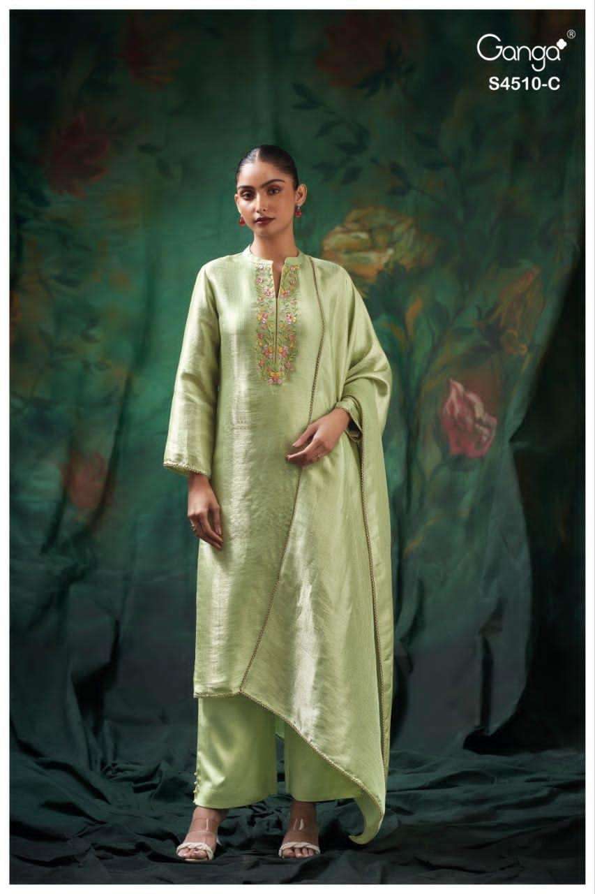 Ganga Fashion Jeyra 4510 Pure Bemberg Silk Embroidered Dress Material