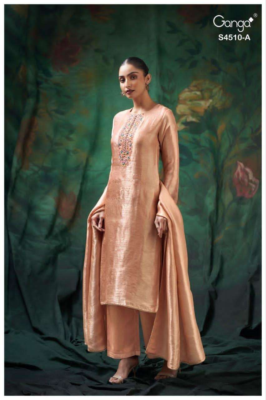 Ganga Fashion Jeyra 4510 Pure Bemberg Silk Embroidered Dress Material