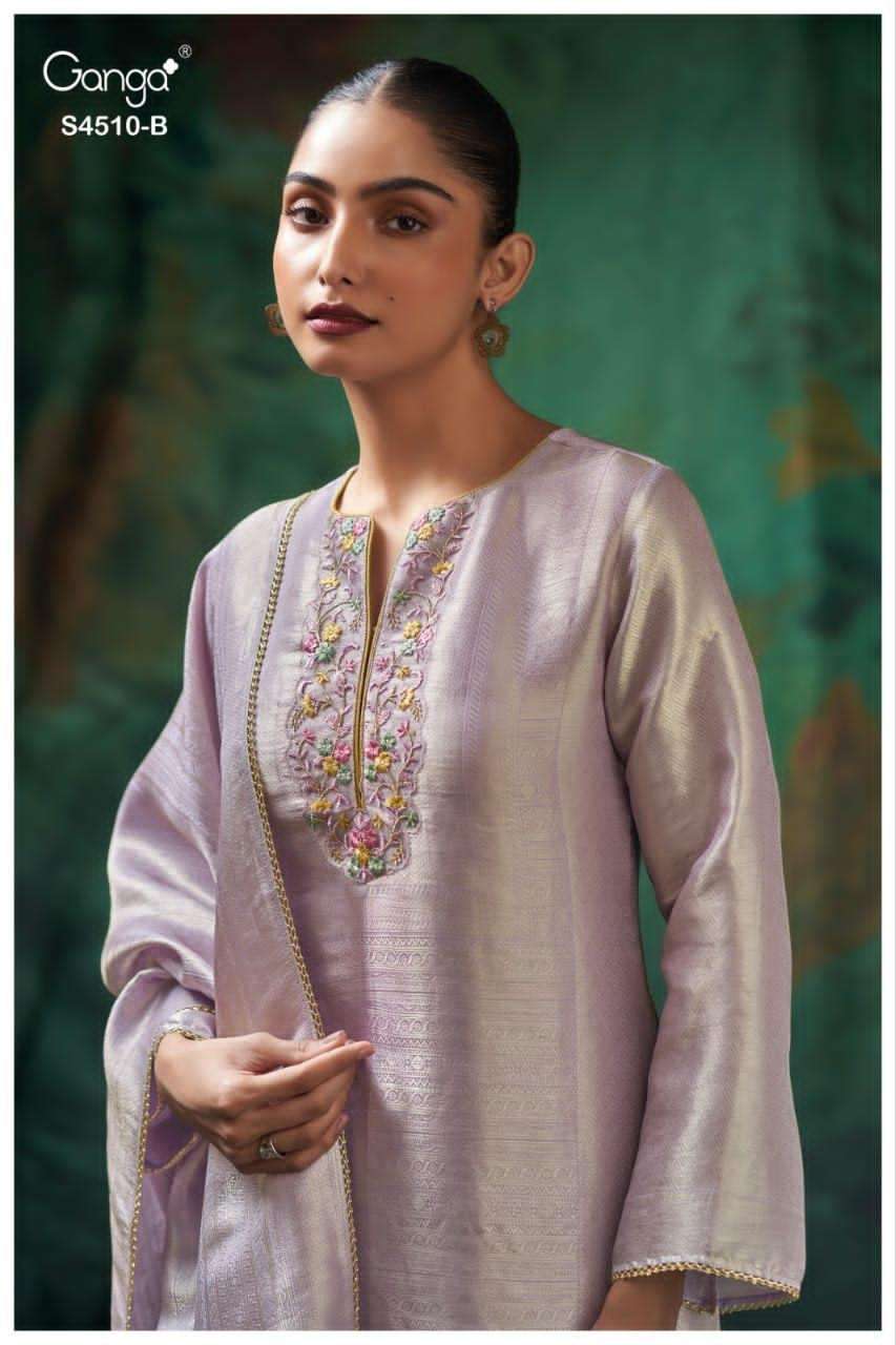 Ganga Fashion Jeyra 4510 Pure Bemberg Silk Embroidered Dress Material