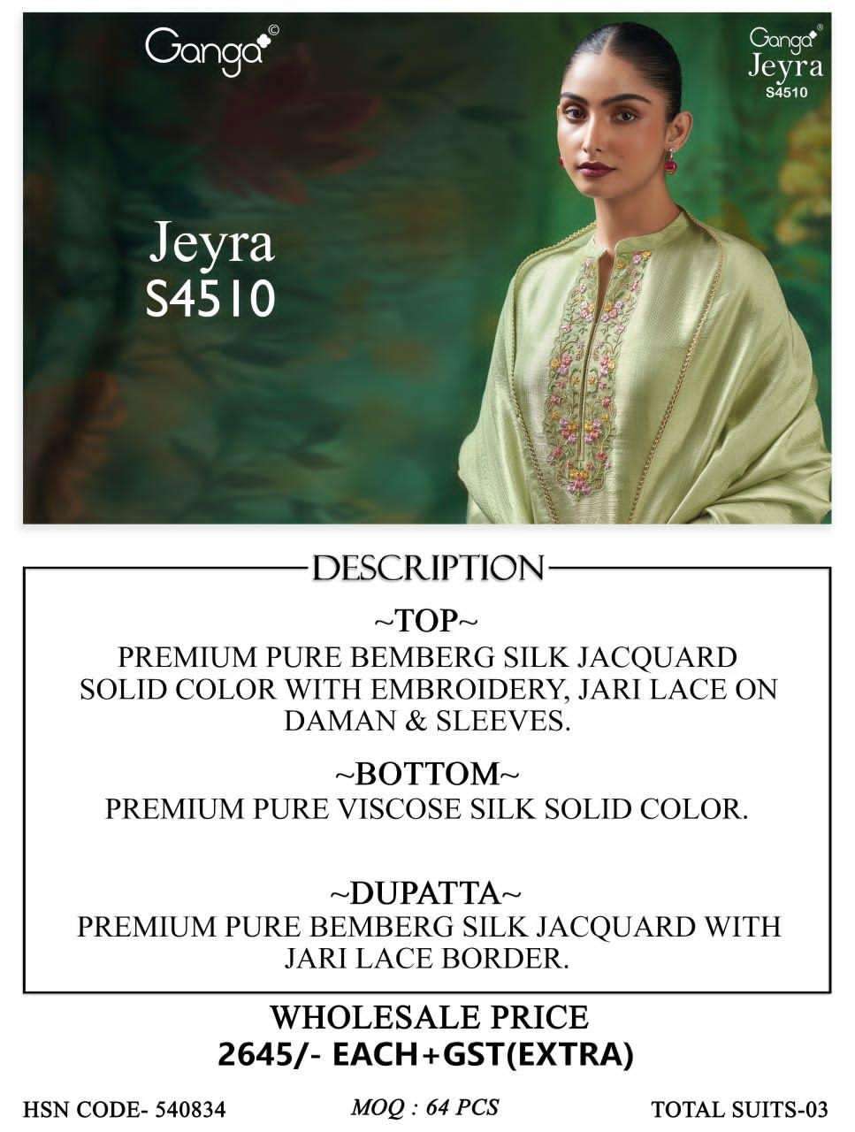 Ganga Fashion Jeyra 4510 Pure Bemberg Silk Embroidered Dress Material