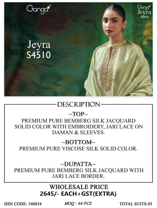 Ganga Fashion Jeyra 4510 Pure Bemberg Silk Embroidered Dress Material