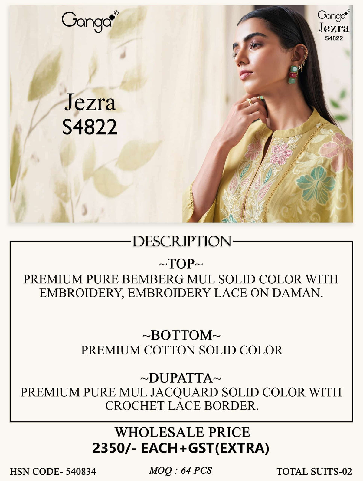 Ganga Fashion Jezra 4822 Bemberg Mul Dress Material