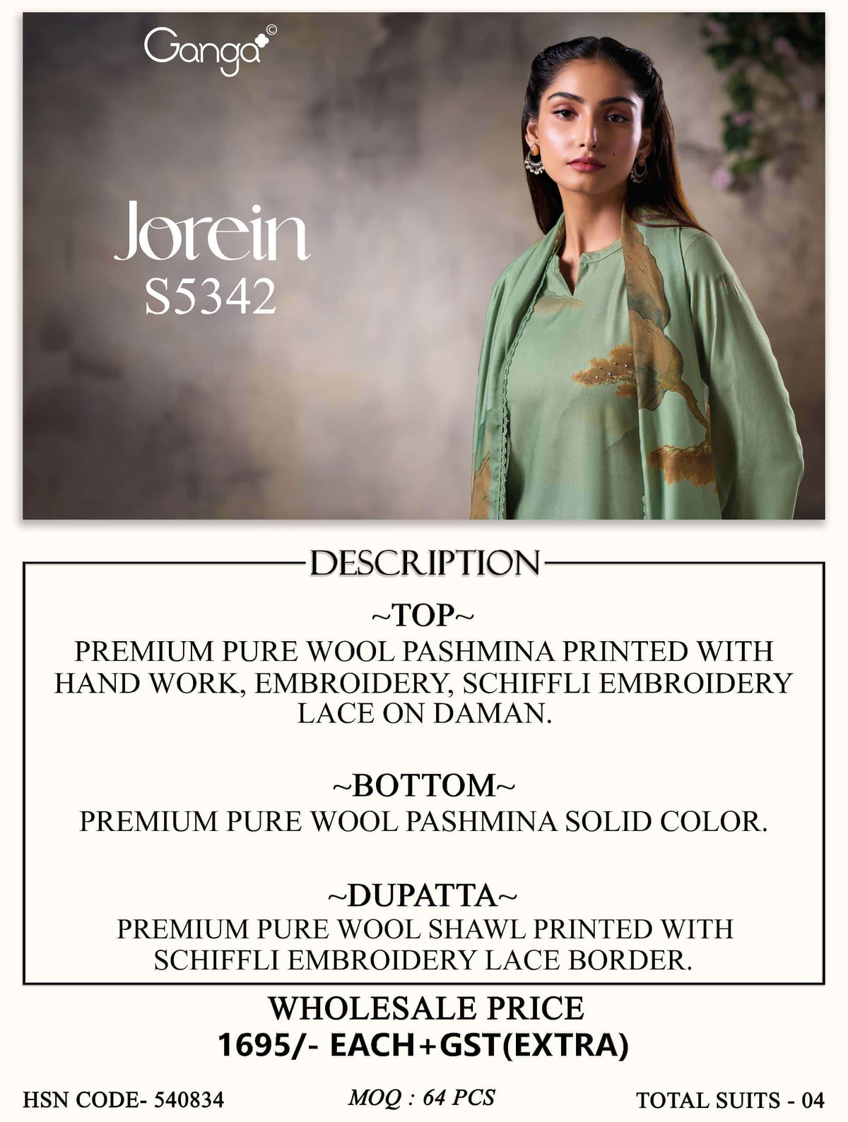 Ganga Fashion Jorein 5342 Pure Wool Pashmina Dress Material