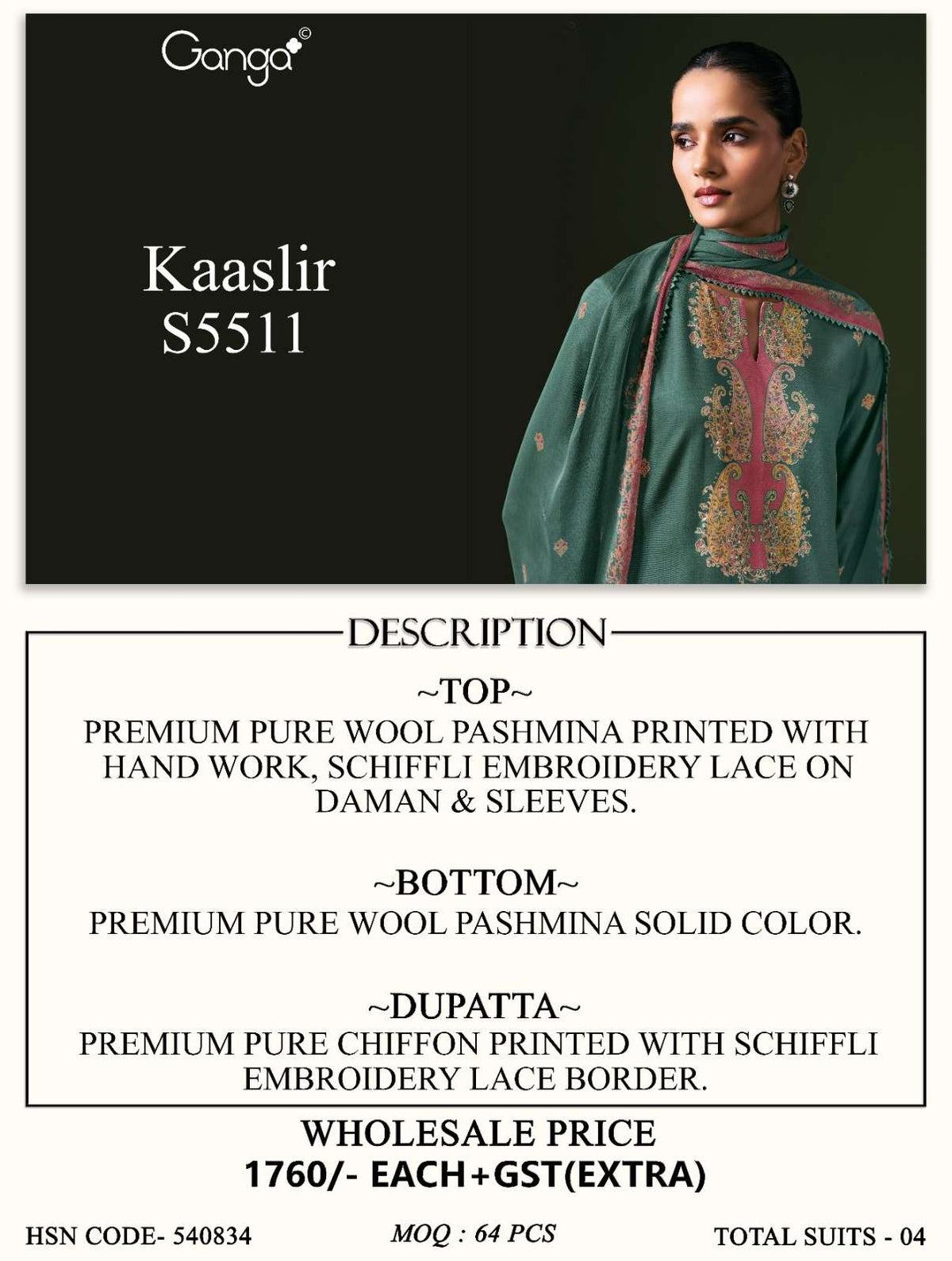 Ganga Fashion Kaaslir Pure Wool Pashmina Printed Handwork Unstitched Dress Material