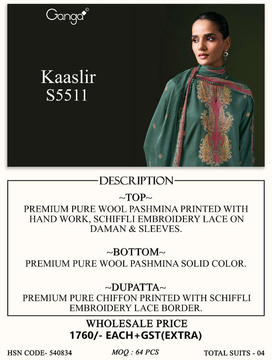 Ganga Fashion Kaaslir Pure Wool Pashmina Printed Handwork Unstitched Dress Material