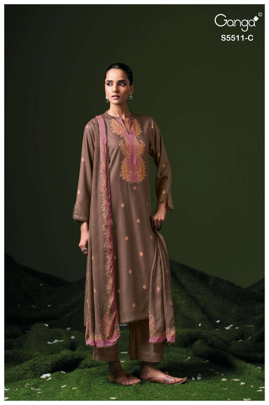 Ganga Fashion Kaaslir Pure Wool Pashmina Printed Handwork Unstitched Dress Material
