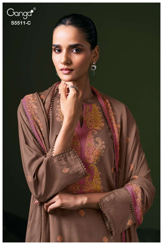 Ganga Fashion Kaaslir Pure Wool Pashmina Printed Handwork Unstitched Dress Material