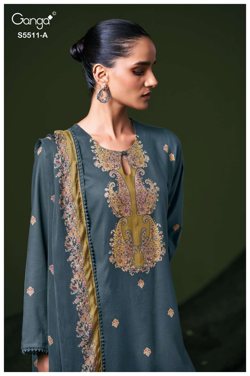 Ganga Fashion Kaaslir Pure Wool Pashmina Printed Handwork Unstitched Dress Material