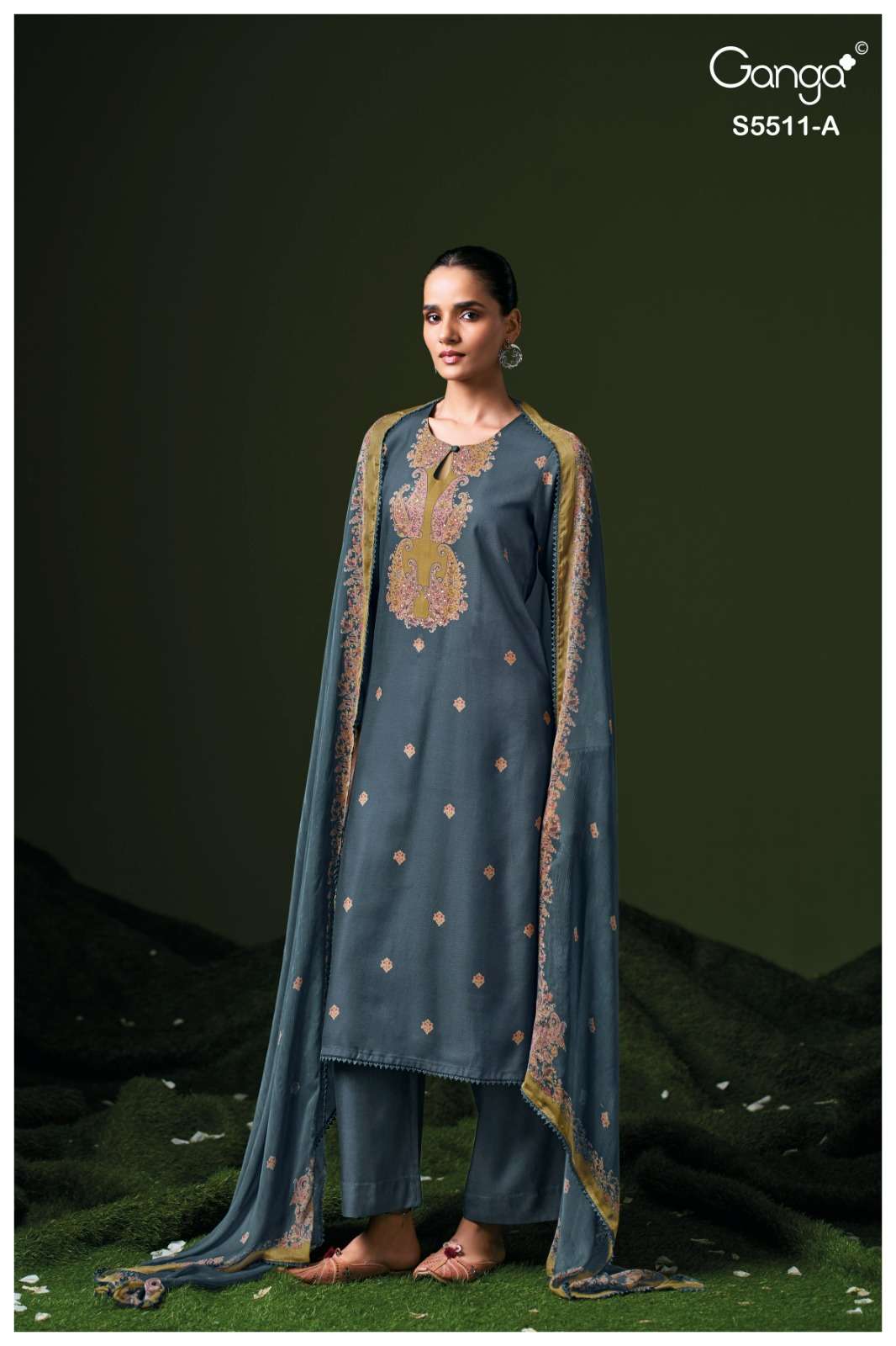 Ganga Fashion Kaaslir Pure Wool Pashmina Printed Handwork Unstitched Dress Material