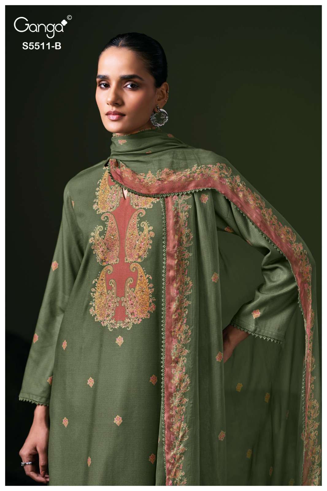 Ganga Fashion Kaaslir Pure Wool Pashmina Printed Handwork Unstitched Dress Material