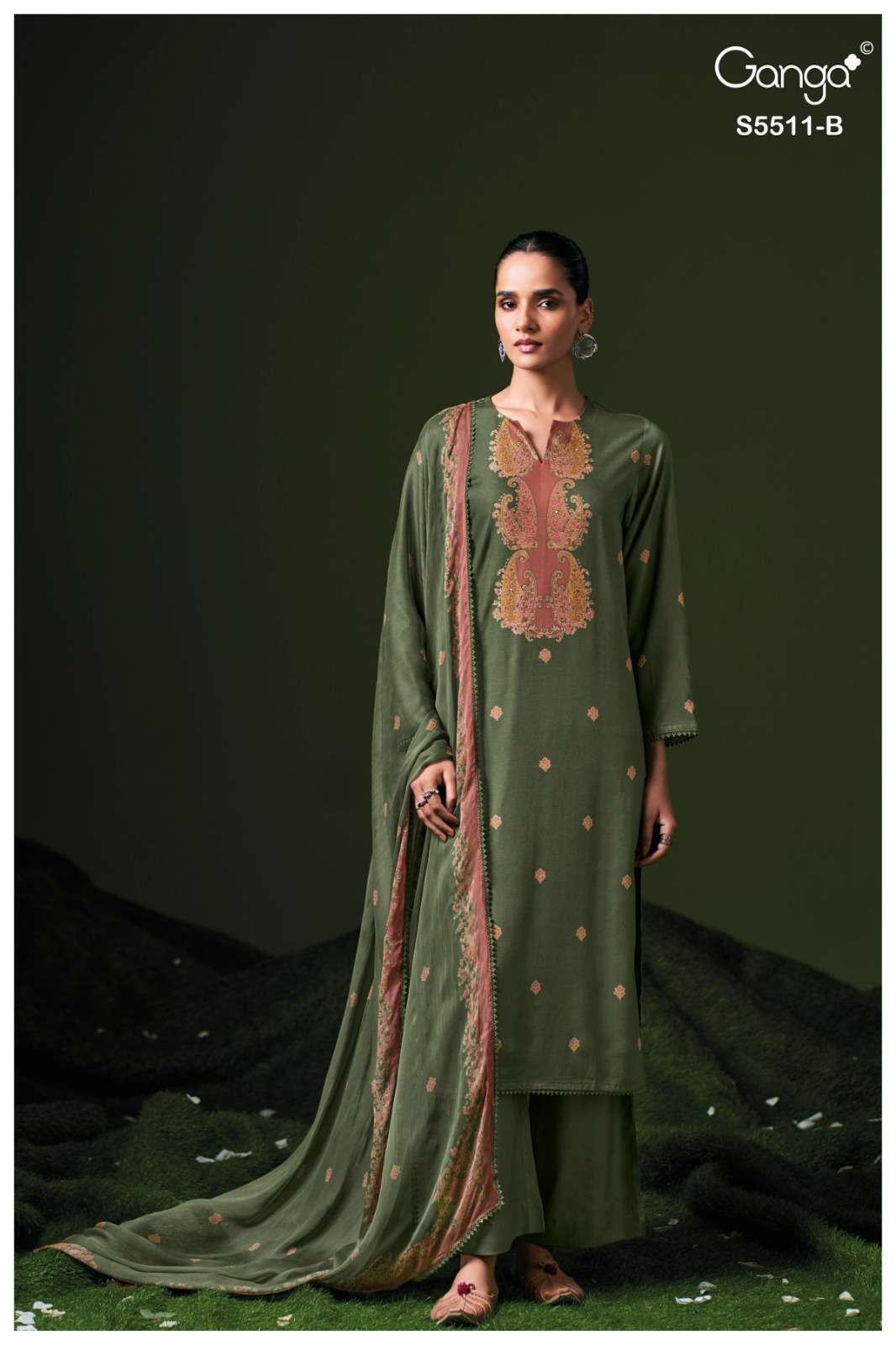 Ganga Fashion Kaaslir Pure Wool Pashmina Printed Handwork Unstitched Dress Material