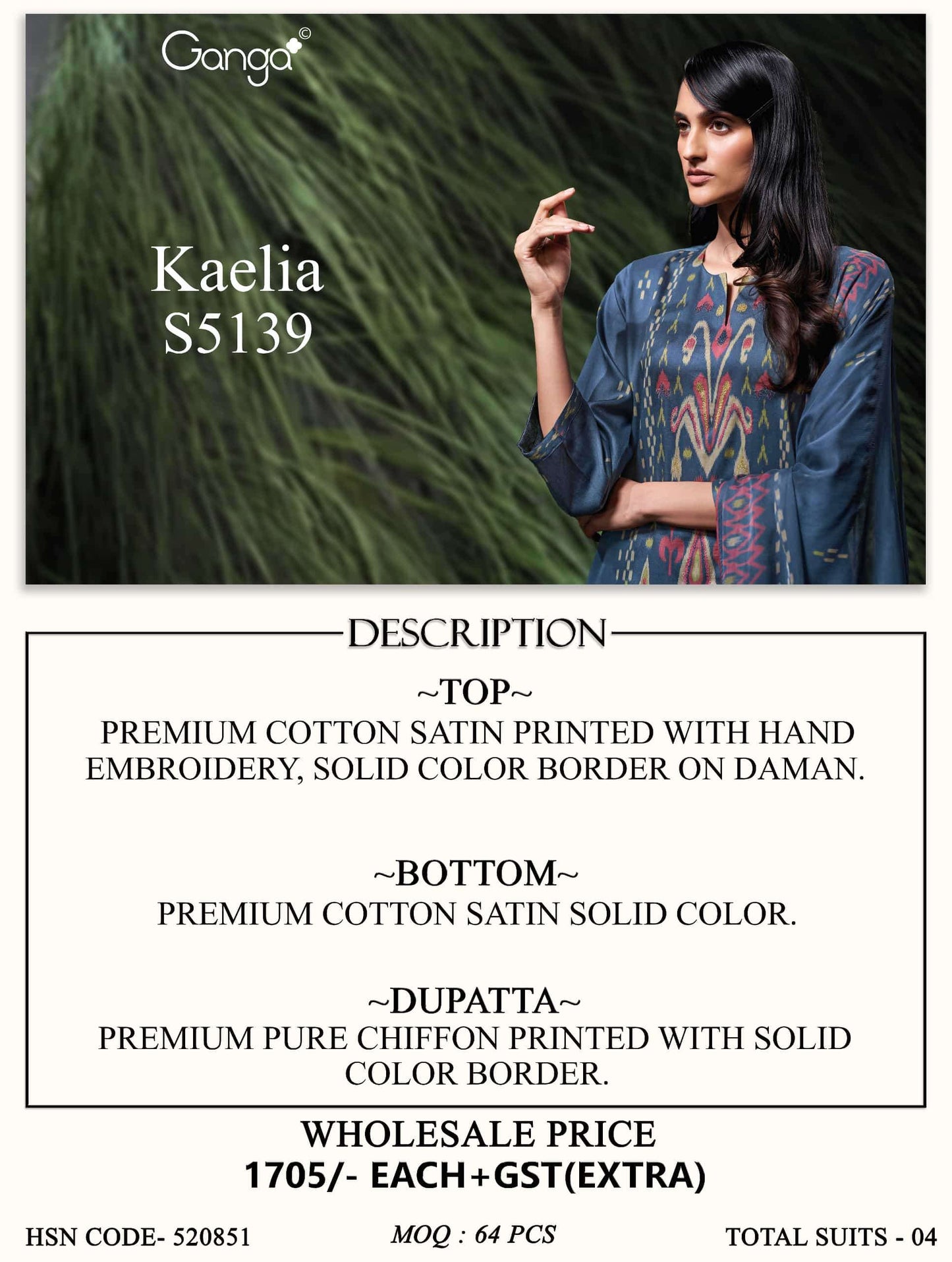 Ganga Fashion Kaelia 5139 Premium Cotton Satin Hand Embroidery Salwar Suit