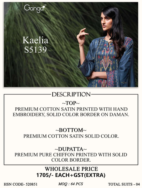 Ganga Fashion Kaelia 5139 Premium Cotton Satin Hand Embroidery Salwar Suit