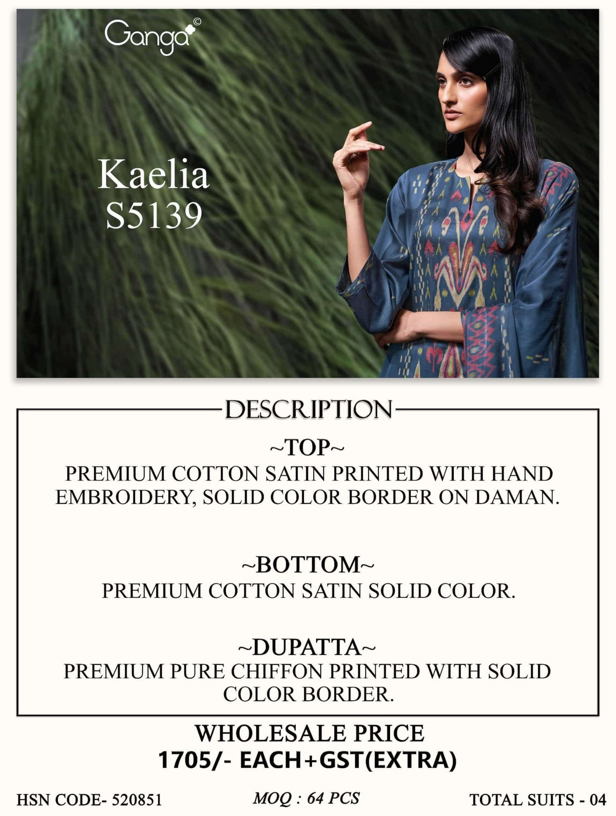 Ganga Fashion Kaelia 5139 Premium Cotton Satin Hand Embroidery Salwar Suit - Amrah Wholesale