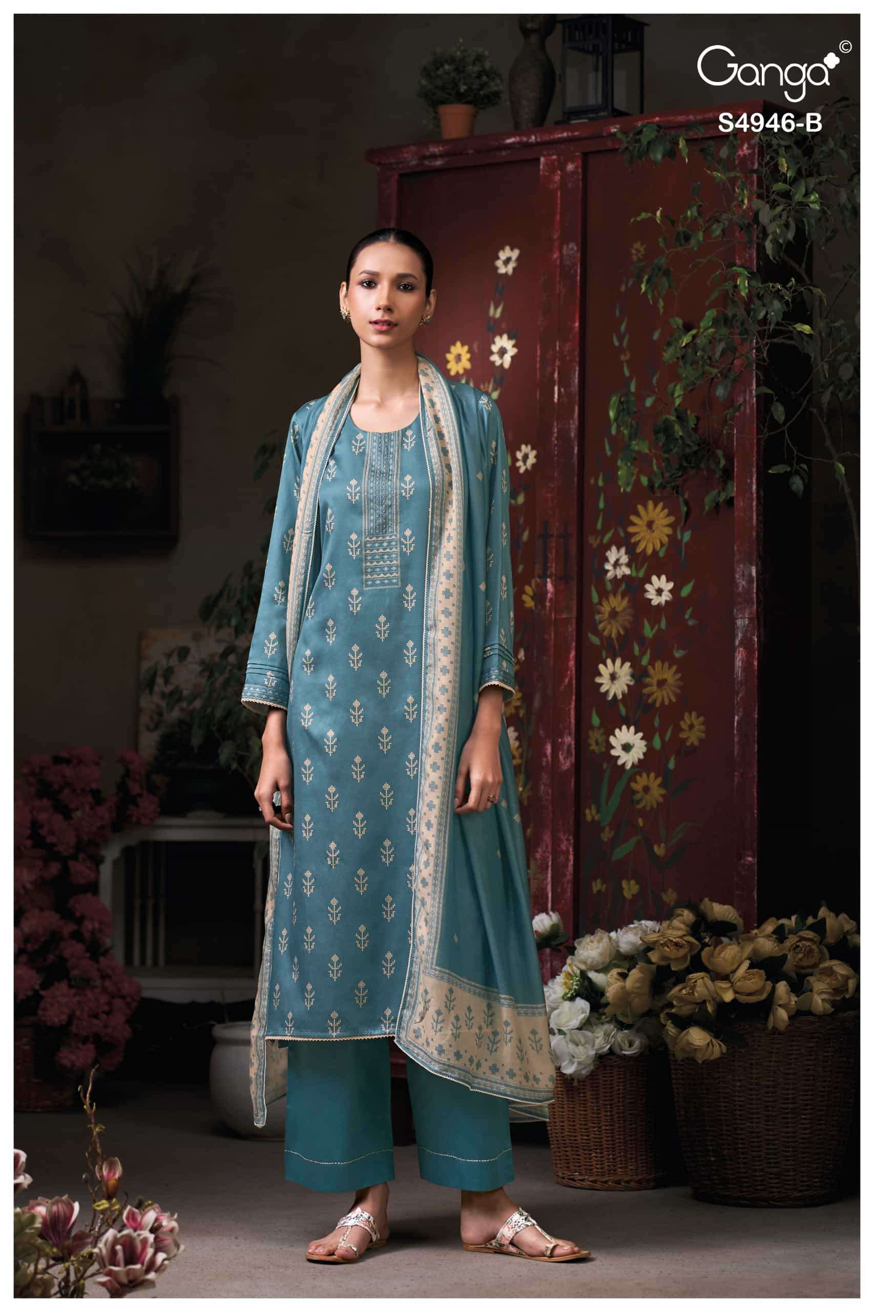 Ganga Fashion Kairisha 4946 Premium Cotton Satin Dress Material Wholesale Catalogue