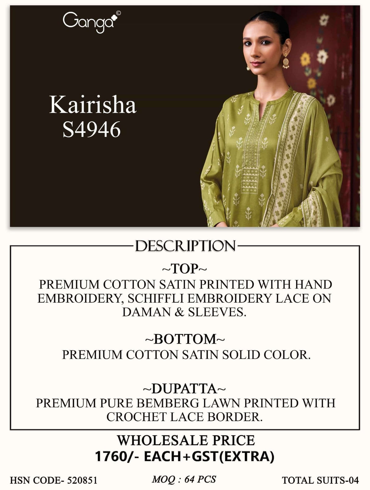 Ganga Fashion Kairisha 4946 Premium Cotton Satin Dress Material Wholesale Catalogue - Amrah Wholesale