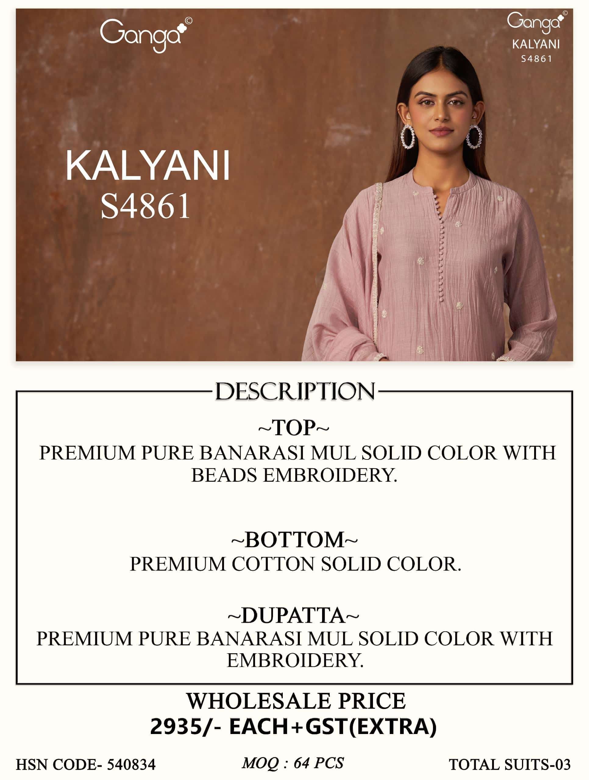Ganga Fashion Kalyani 4861 Premium Banarasi Mul Embroidered Dress Material