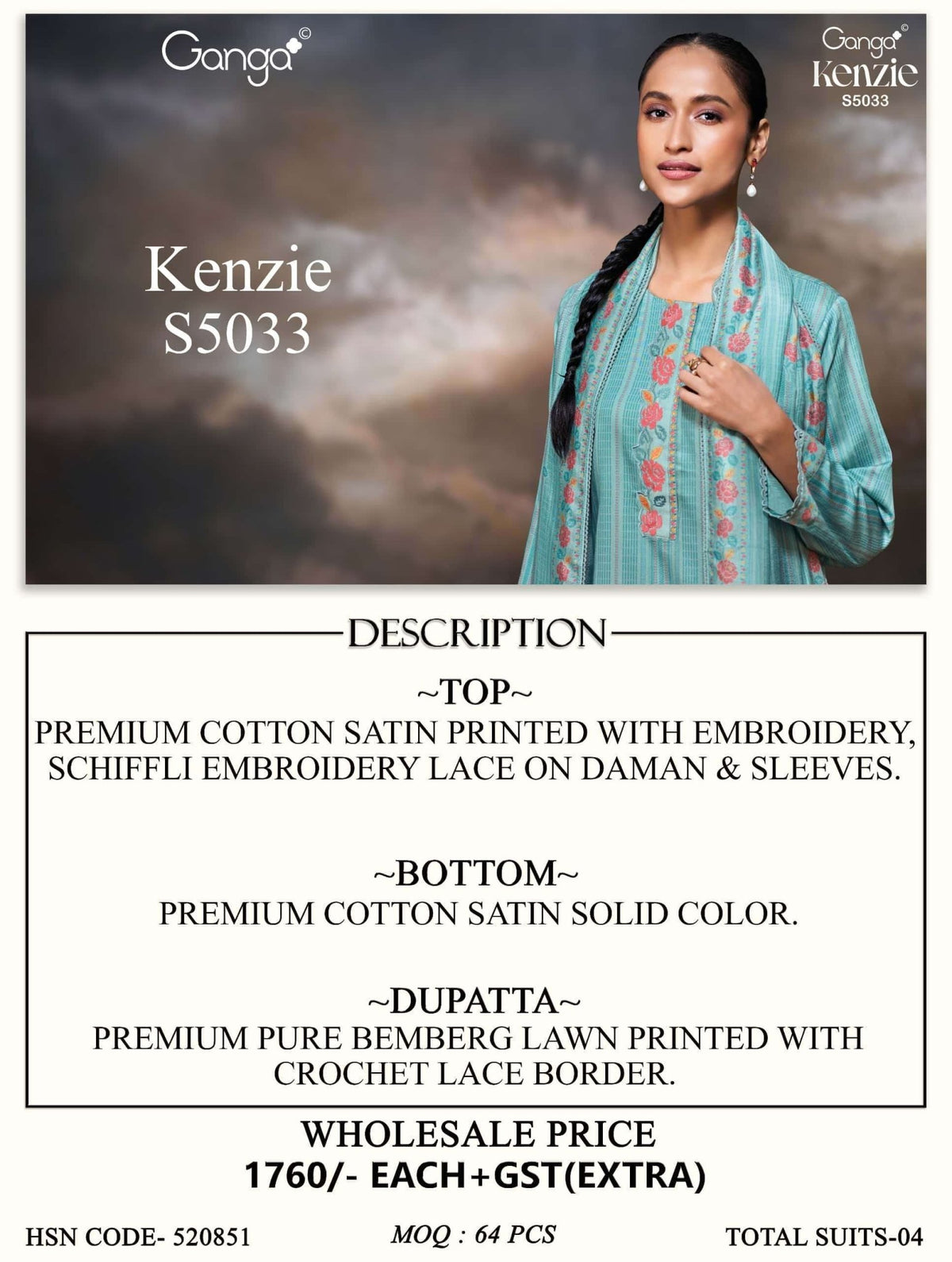 Ganga Fashion Kenzie 5033 Premium Cotton Satin Dress Material - Amrah Wholesale