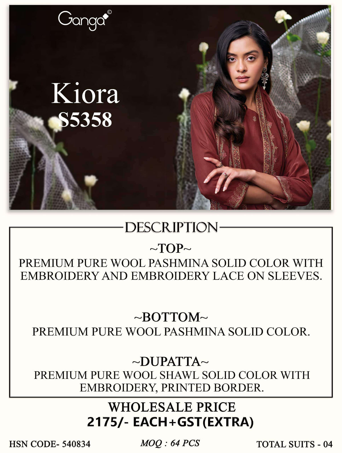 Ganga Fashion Kiora 5358 Pure Wool Pashmina Dress Material