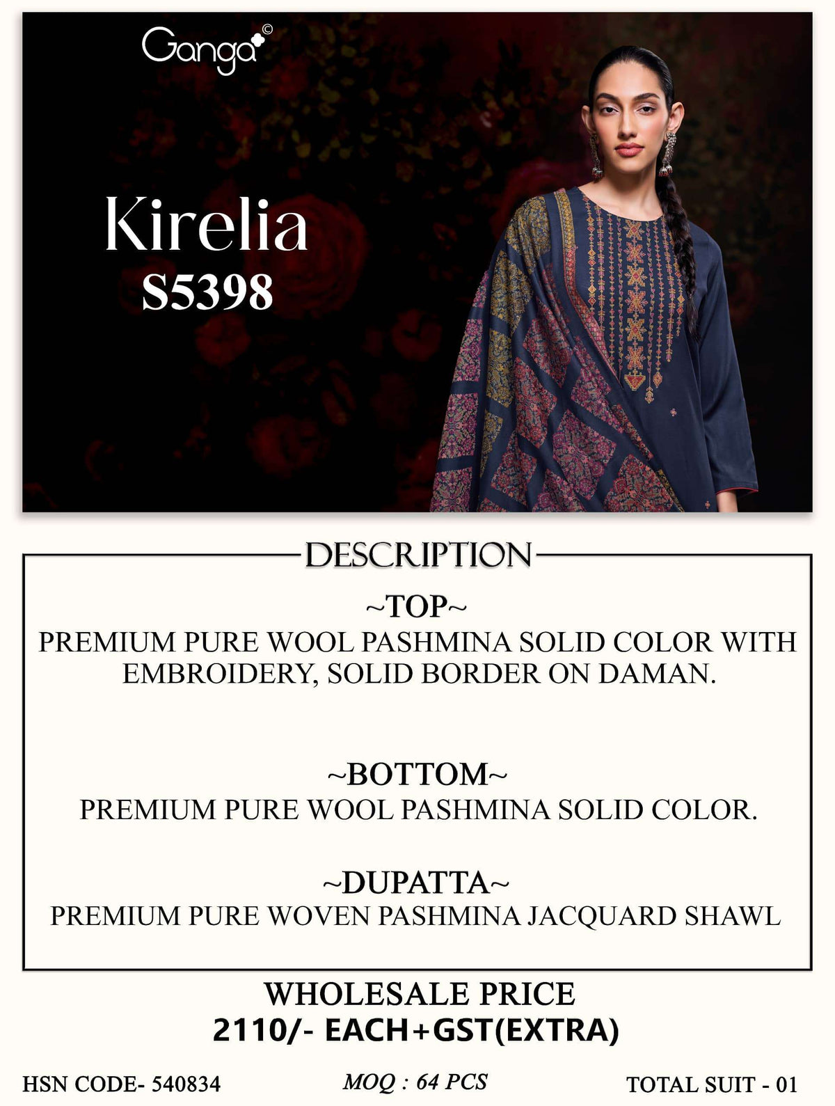 Ganga Fashion Kirelia 5398 Pure Wool Pashmina Salwar Suit