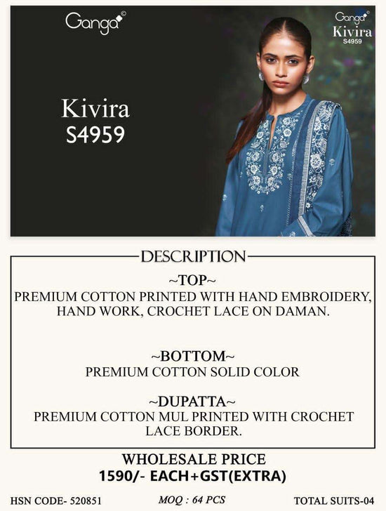 Ganga Fashion Kivira 4959 Cotton Embroidered Dress Material