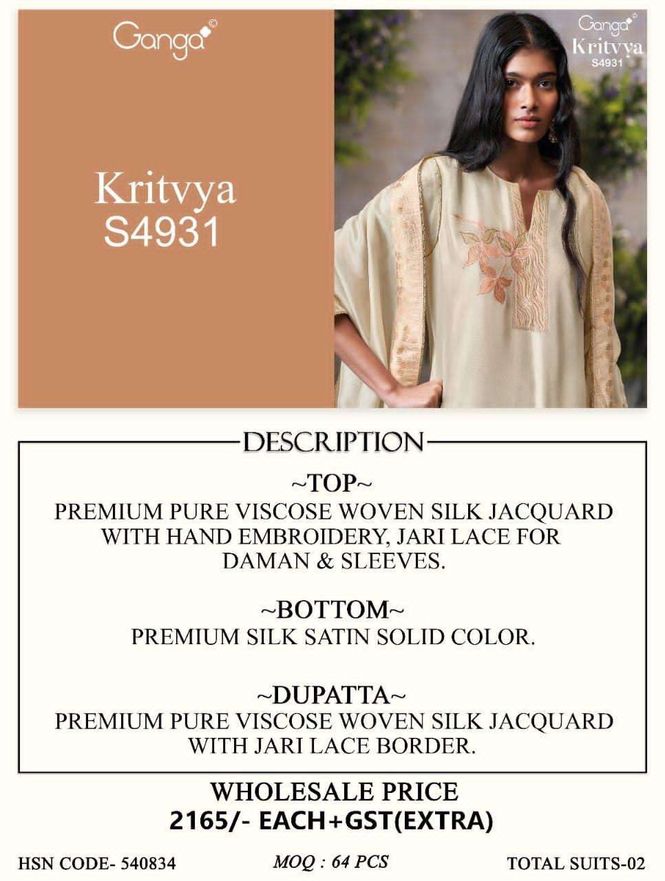 Ganga Fashion Kritvya 4931 Pure Viscose Woven Silk Designer Dress Material - Amrah Wholesale