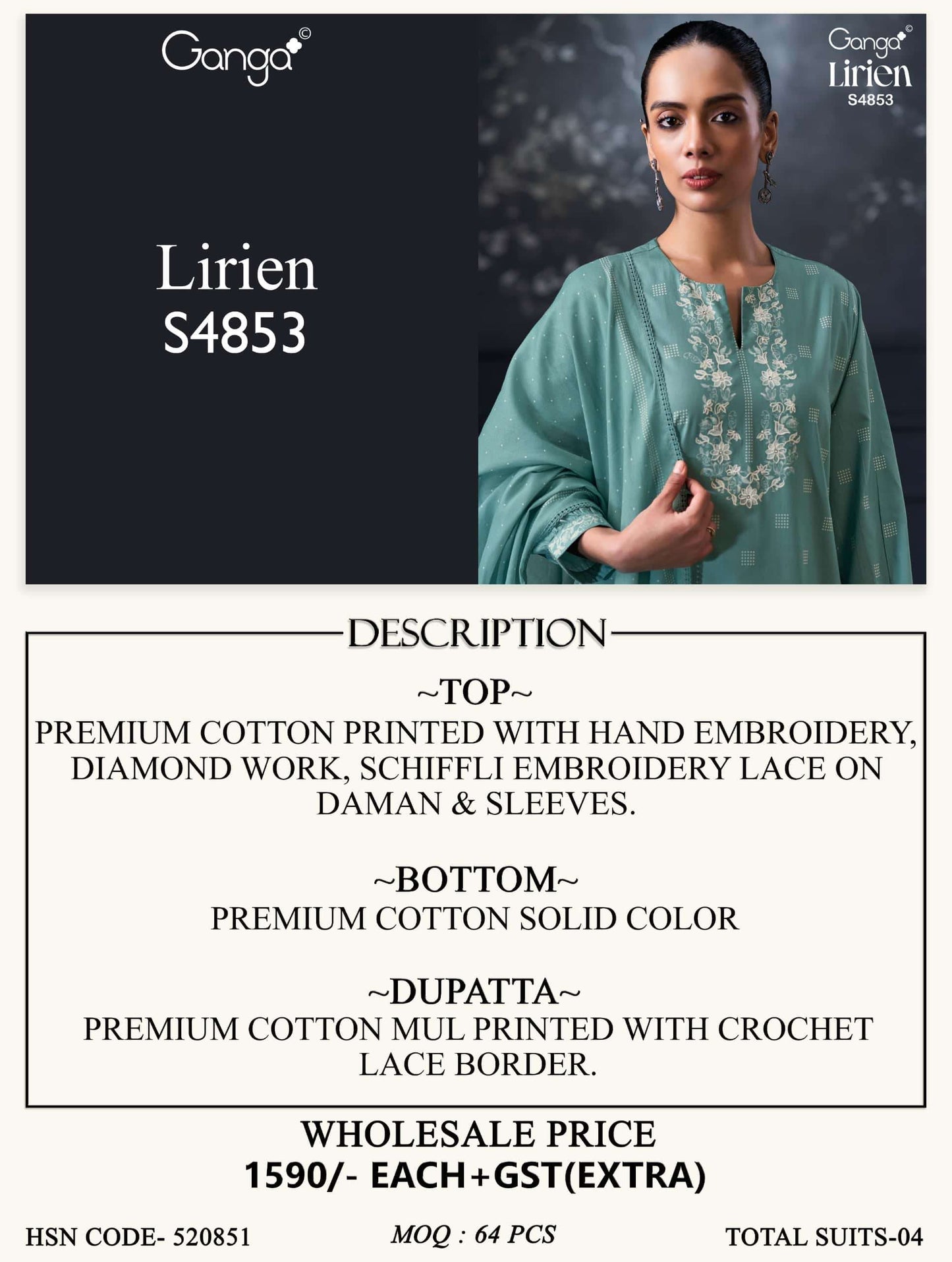 Ganga Fashion Lirien 4853 Premium Cotton Dress Material Collection