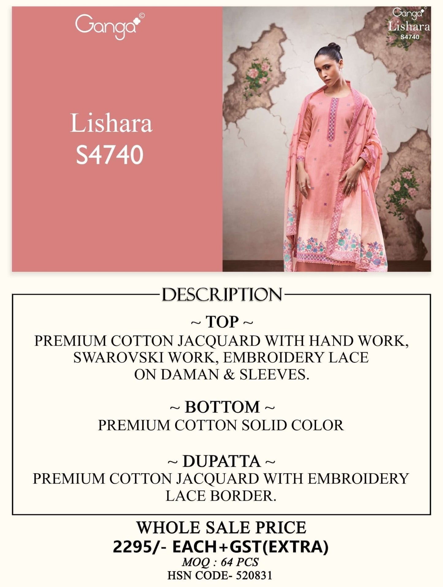 Ganga Fashion Lishara 4740 Premium Cotton Jacquard Dress Material Wholesale - Amrah Wholesale