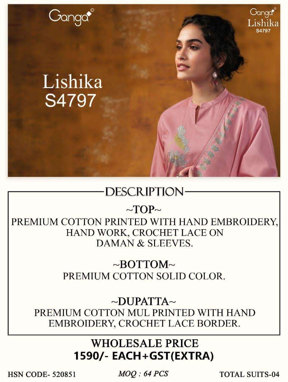 Ganga Fashion Lishika 4797 Premium Cotton Embroidered Dress Material - Amrah Wholesale