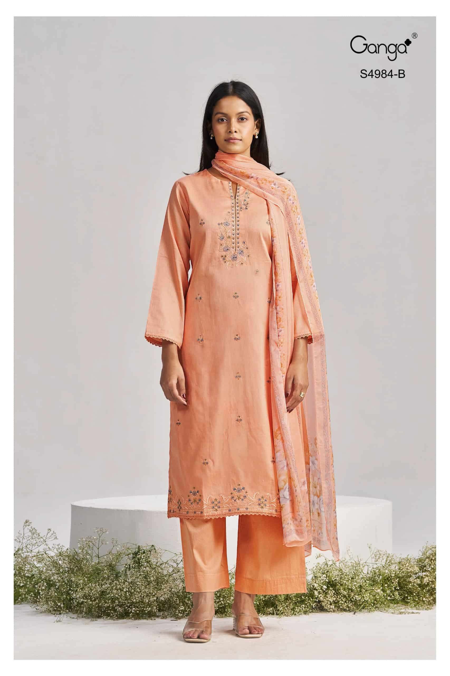 Ganga Fashion Lishka 4984 Premium Cotton Satin Embroidered Dress Material