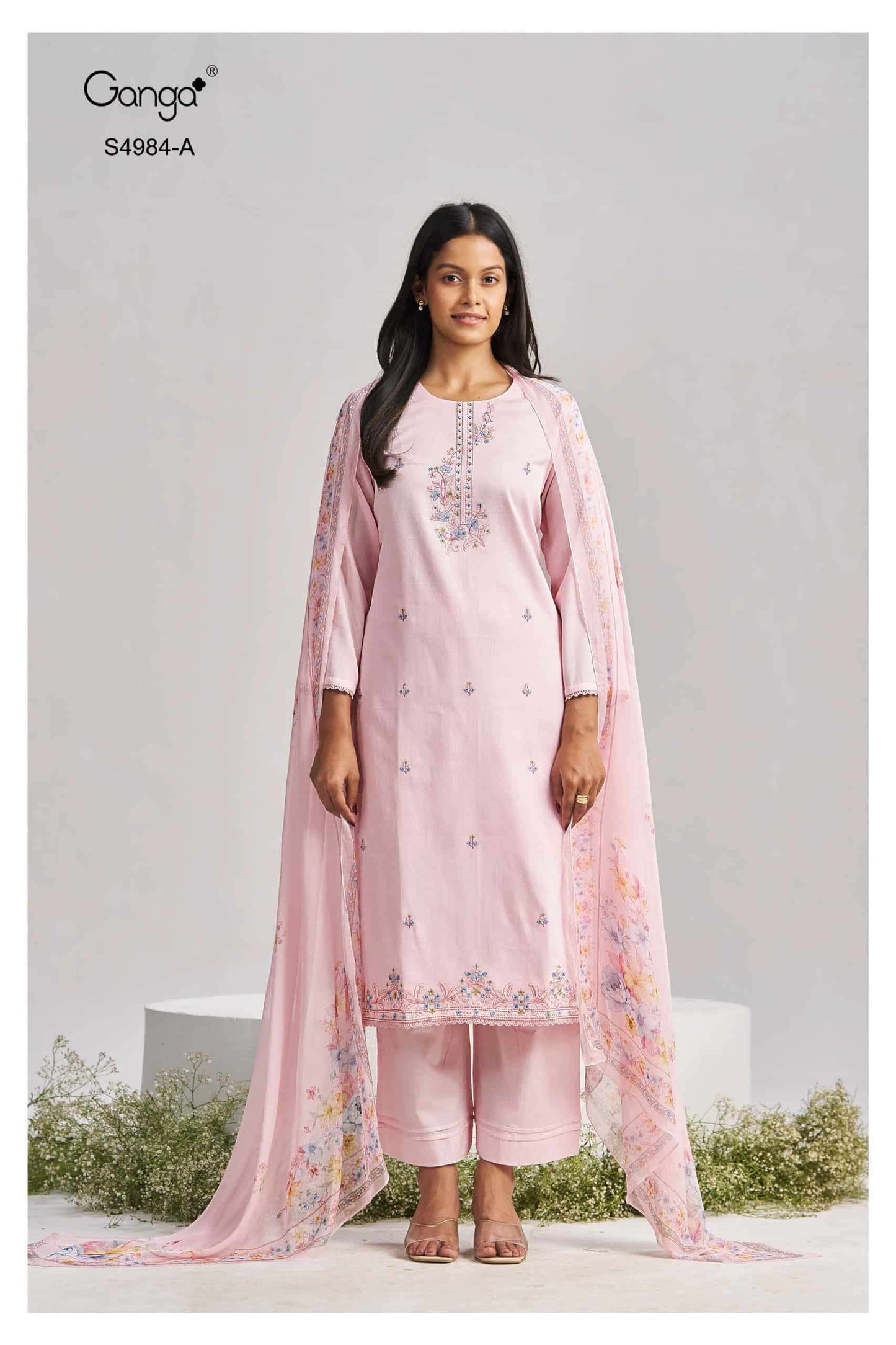 Ganga Fashion Lishka 4984 Premium Cotton Satin Embroidered Dress Material