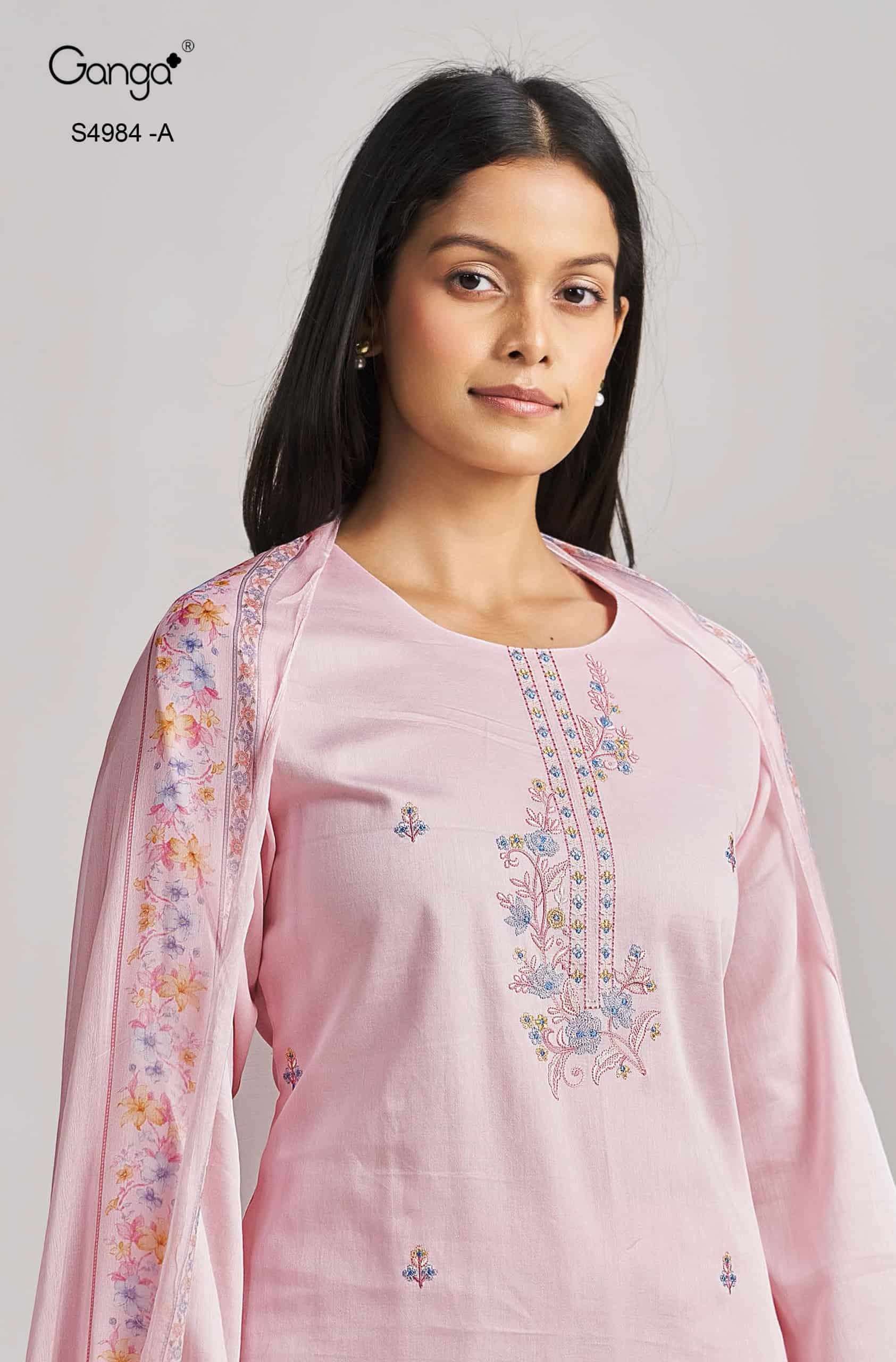 Ganga Fashion Lishka 4984 Premium Cotton Satin Embroidered Dress Material