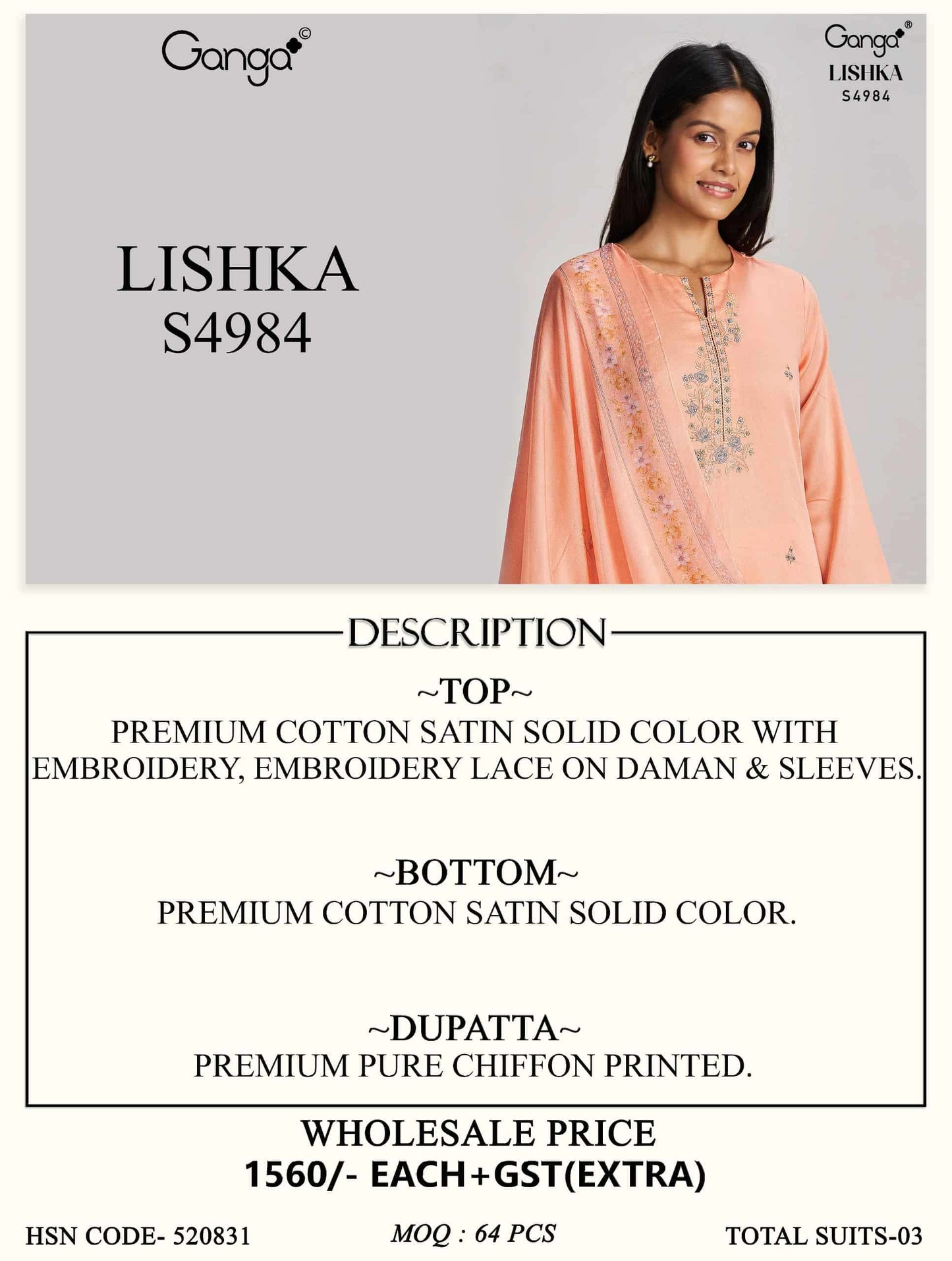 Ganga Fashion Lishka 4984 Premium Cotton Satin Embroidered Dress Material