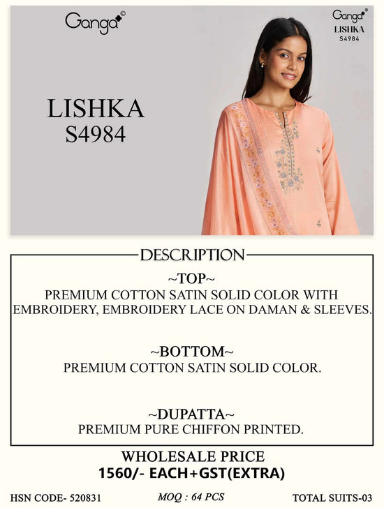 Ganga Fashion Lishka 4984 Premium Cotton Satin Embroidered Dress Material
